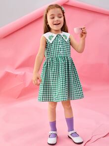 Jospresso Đầm bé gái Tương phản ren Nghề thêu Nút phía trước Hoạt hình Kẻ sọc Dễ thương - màu xanh lá - Xem 5