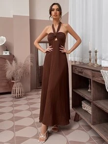 露背繞頸連衣裙 - 咖啡棕 - 查看 6