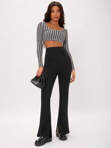 SHEIN Tall 素色喇叭褲 - 黑色 - 查看 4