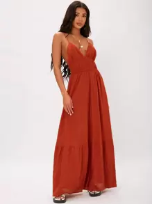 SHEIN Tall 露背褶皺紋理腰吊帶連衣裙 - 亮橙色 - 查看 3