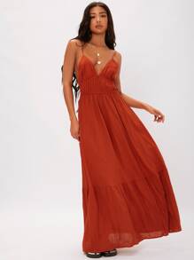 SHEIN Tall 露背褶皺紋理腰吊帶連衣裙 - 亮橙色 - 查看 4