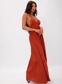 SHEIN Tall 露背褶皺紋理腰吊帶連衣裙 - 亮橙色 - 查看 5