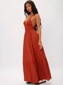 SHEIN Tall 露背褶皺紋理腰吊帶連衣裙 - 亮橙色 - 查看 6