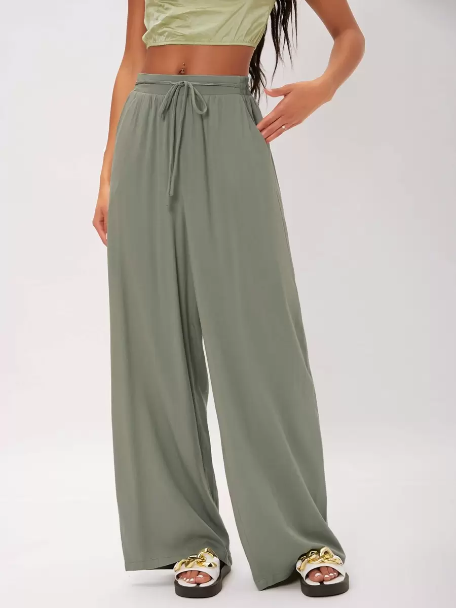 SHEIN Tall Quần nữ Thắt lưng Túi màu trơn Giải trí - xanh quân đội - Xem 1