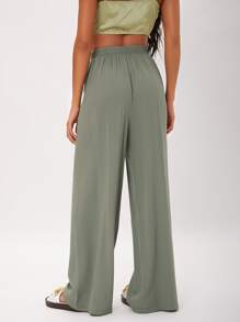 SHEIN Tall Quần nữ Thắt lưng Túi màu trơn Giải trí - xanh quân đội - Xem 2