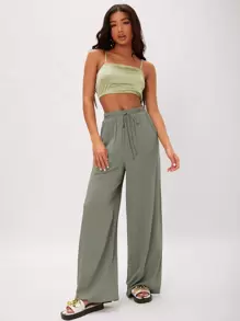 SHEIN Tall Quần nữ Thắt lưng Túi màu trơn Giải trí - xanh quân đội - Xem 4