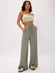 SHEIN Tall Quần nữ Thắt lưng Túi màu trơn Giải trí - xanh quân đội - Xem 5