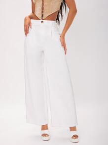 SHEIN Tall Women Suit Pants Nút Dây kéo màu trơn - trắng - Xem 3