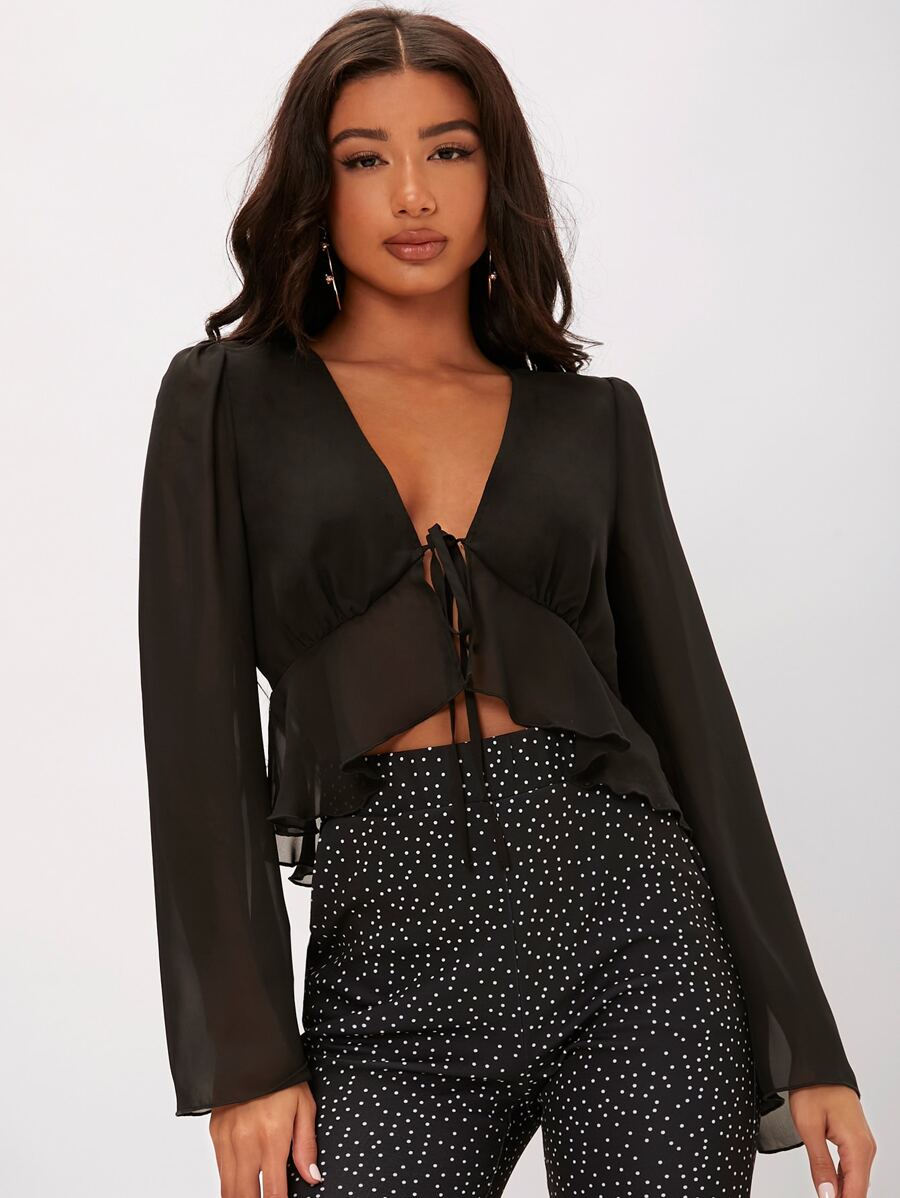 SHEIN Tall 前繫帶荷葉邊上衣 - 黑色 - 查看 1