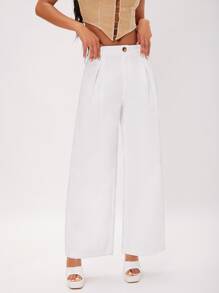 SHEIN Tall Women Suit Pants Nút Dây kéo màu trơn - trắng - Xem 6