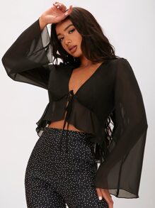 SHEIN Tall 前繫帶荷葉邊上衣 - 黑色 - 查看 4