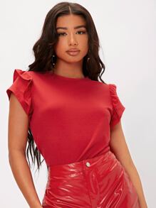 SHEIN Tall 荷葉邊素色上衣 - 紅色 - 查看 1