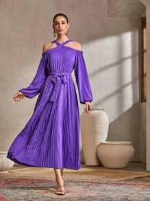 Modelyn Cold Shoulder Pleated Hem Belted Dress - Purple - View 1