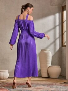 Modelyn Cold Shoulder Pleated Hem Belted Dress - Purple - View 2