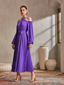 Modelyn Cold Shoulder Pleated Hem Belted Dress - Purple - View 3