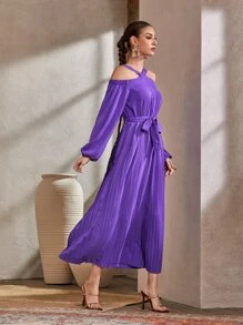 Modelyn Cold Shoulder Pleated Hem Belted Dress - Purple - View 4