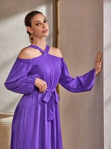 Modelyn Cold Shoulder Pleated Hem Belted Dress - Purple - View 5