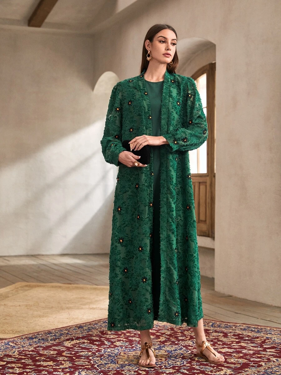 Al Najma Solid Tank Dress & Floral Embroidery Open Front Coat - Dark Green - View 1