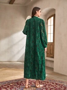 Al Najma Solid Tank Dress & Floral Embroidery Open Front Coat - Dark Green - View 2
