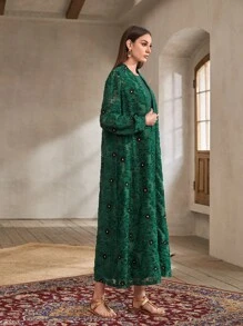 Al Najma Solid Tank Dress & Floral Embroidery Open Front Coat - Dark Green - View 4