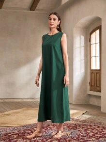 Al Najma Solid Tank Dress & Floral Embroidery Open Front Coat - Dark Green - View 5