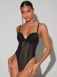 SHEIN BAE Solid Bustier Mesh Cami Bodysuit - Black - View 1