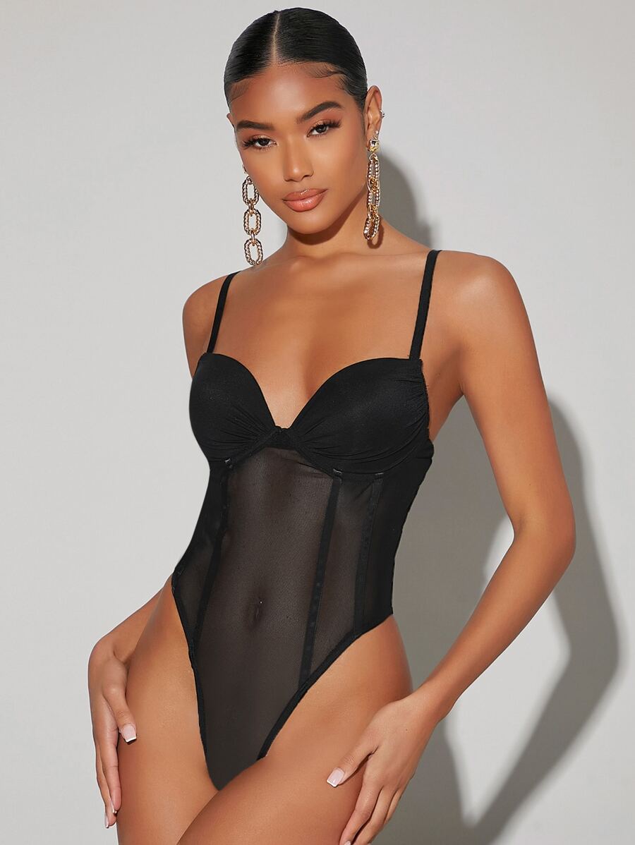 SHEIN BAE Solid Bustier Mesh Cami Bodysuit - Black - View 1