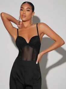 SHEIN BAE Solid Bustier Mesh Cami Bodysuit - Black - View 3