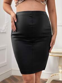 SHEIN Maternidad Falda en mezclilla unicolor ajustado - Negro - Ver 4