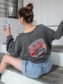 DAZY Camiseta de hombros caídos con estampado de slogan - Gris Oscuro - Ver 2