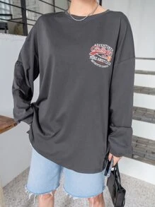 DAZY Camiseta de hombros caídos con estampado de slogan - Gris Oscuro - Ver 3