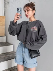 DAZY Camiseta de hombros caídos con estampado de slogan - Gris Oscuro - Ver 4