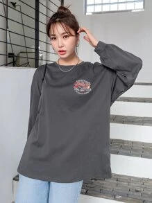 DAZY Camiseta de hombros caídos con estampado de slogan - Gris Oscuro - Ver 6