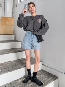 DAZY Camiseta de hombros caídos con estampado de slogan - Gris Oscuro - Ver 7