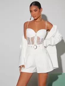 SHEIN BAE Plicated Detail Belt Shorts - White - View 3