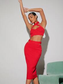 SHEIN BAE Cut-out Solid Pencil Knit Skirt - Red - View 3