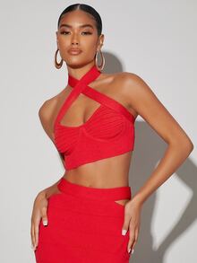 SHEIN BAE Cut-out Solid Pencil Knit Skirt - Red - View 4