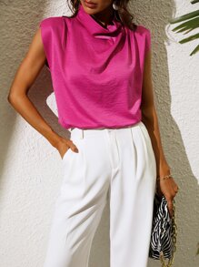 Satin Cowl Neck Sleeveless Blouse - Hot Pink - View 3