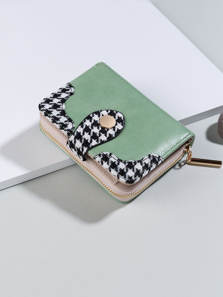 Houndstooth Pattern Snap Button Small Wallet - Multicolor - View 1
