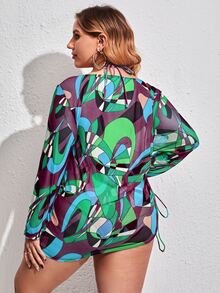 3packs Plus Size Allover Print Triangle Bikini Set & Cover Up Summer Beach - Multicolor - View 2