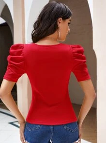 SHEIN Clasi Camiseta Ajustada Con Mangas Abullonadas Y Punto Acanalado Para Mujer - Rojo - Ver 2
