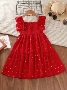 Sparklyn 女孩滿版圖案打褶荷葉邊連衣裙 - 紅色 - 查看 2