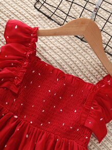 Sparklyn 女孩滿版圖案打褶荷葉邊連衣裙 - 紅色 - 查看 3