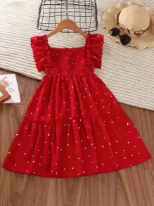 Sparklyn 女孩滿版圖案打褶荷葉邊連衣裙 - 紅色 - 查看 6