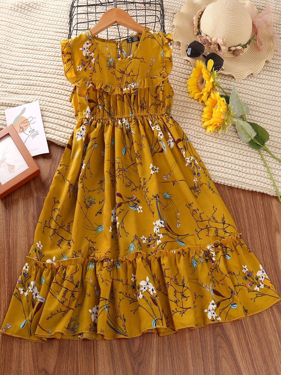 女孩印花後鎖孔荷葉邊連衣裙 - 芥末黃 - 查看 1