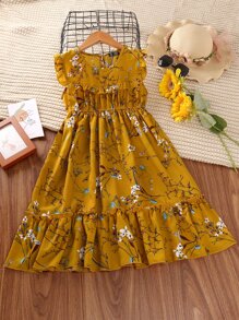 女孩印花後鎖孔荷葉邊連衣裙 - 芥末黃 - 查看 3