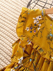 女孩印花後鎖孔荷葉邊連衣裙 - 芥末黃 - 查看 7