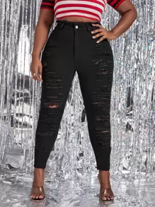 Quần Denim kích thước lớn Nút Bị tách màu trơn - màu đen - Xem 1