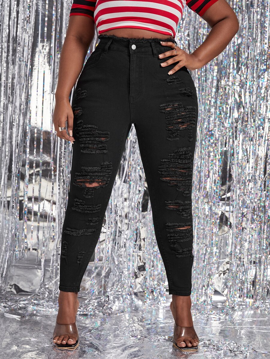 Quần Denim kích thước lớn Nút Bị tách màu trơn - màu đen - Xem 1