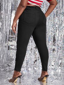 Quần Denim kích thước lớn Nút Bị tách màu trơn - màu đen - Xem 2